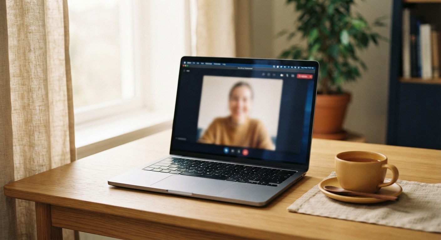 Laptop mit Videogespräch auf einem Holztisch